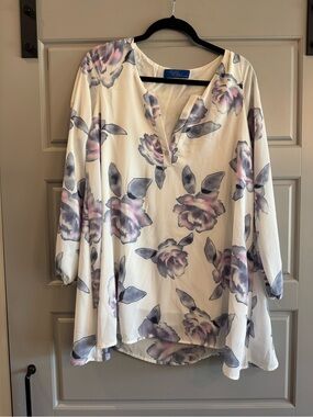 Floral Split-Neck Blouse in White with Purple Accents - Women's